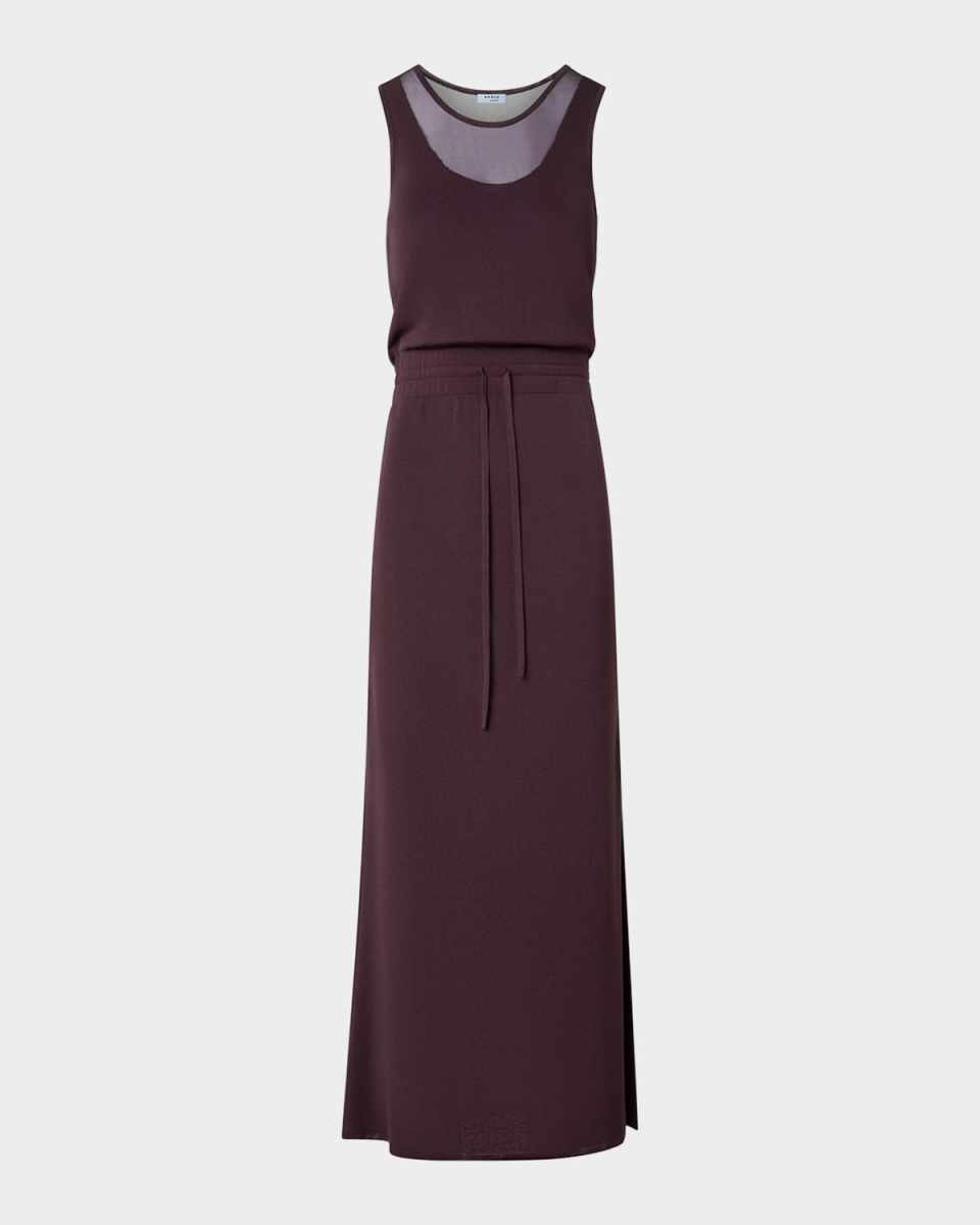 Sleeveless Layered Sheer Viscose Knit Drawstring Midi Dress